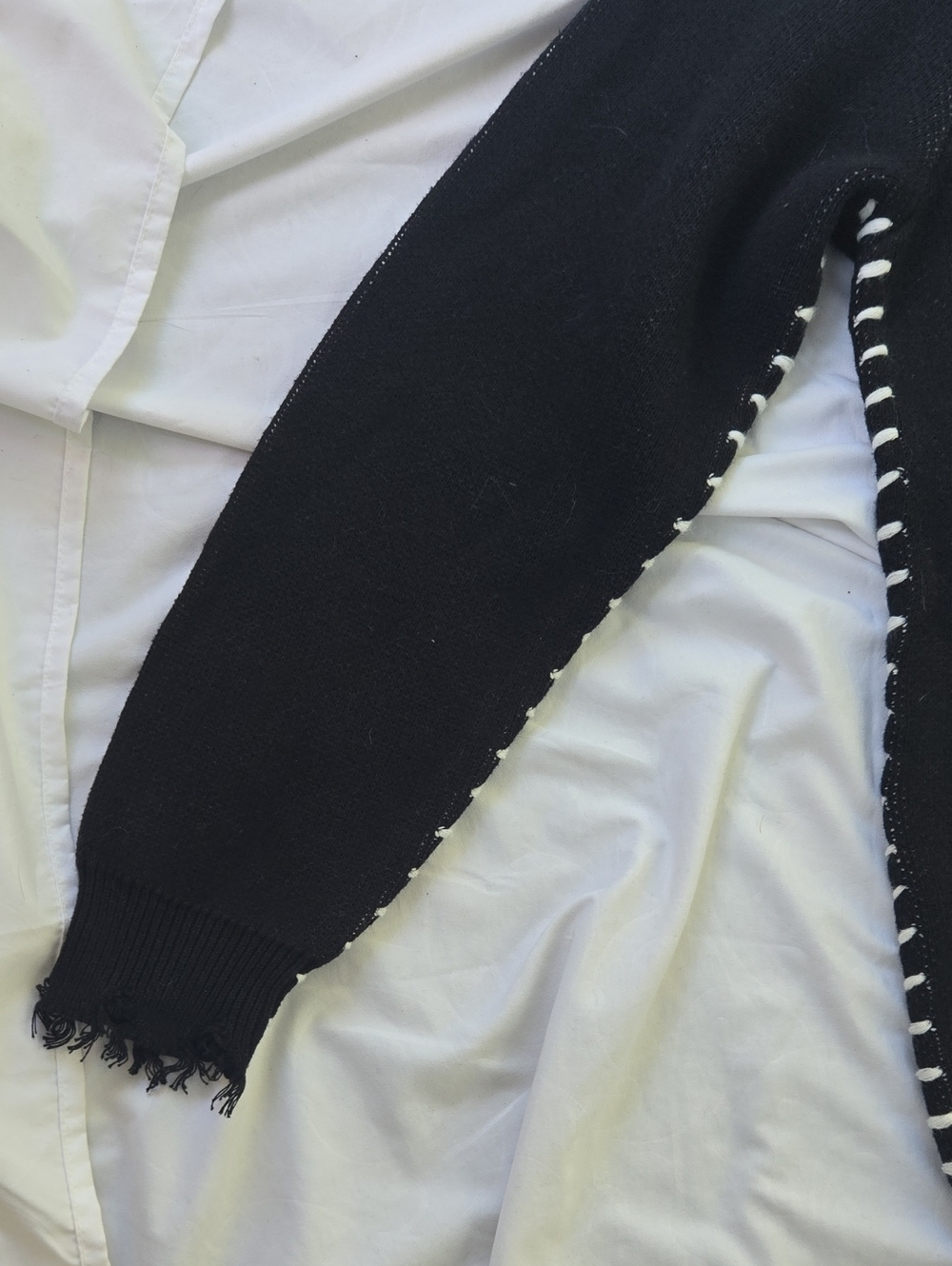 Mens Boho Black Sweater, White Stitching, Fringe OnBottom Of Sleeves & Sweater - Picture 6 of 14